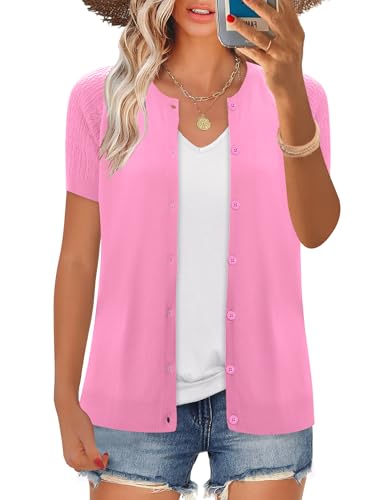 Image of FreshNight Women's 2025 Short Sleeve Cardigan Button Up Hollowed Out Crewneck Shrug Sweaters Knit Sweater Tops Lightweight