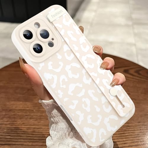 MOWIME Compatible with iPhone 16 Pro Max Case with Strap Wrist, Cheetah Print Shockproof Soft TPU Protective Cover for Women Girls, Slim Anti Scratch Case for iPhone 16 Pro Max 6.9 Inch, White