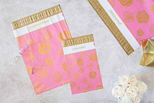 Image of Inspired Mailers - Poly Mailers Variety Pack - Gold Roses Deluxe - 30 (10 Each: 6x9, 10x13, 14.5x19 Sizes) - 3.15mil Unpadded Mailing Envelopes