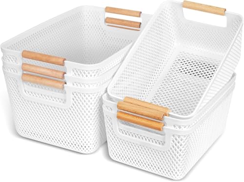ZPONEED 6 Packs Plastic Storage Baskets with Wood Handles, Cupboard Storage Boxes for Shelves, Bathroom, Office, Fridge, Kitchen Organiser Storage Box, White Open Storage Bins, 2 Size