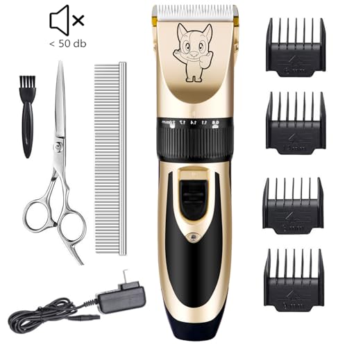 Highdas Dog Clippers for Grooming Low Noise, Cordless Electric Dog Grooming Kit Clippers Rechargeable, Quiet Dog Shaver, Pet Hair Trimmer Kit for Dogs & Cats (Gold)