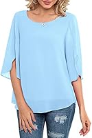 Neineiwu Womens Casual Scoop Neck Loose Top 3/4 Sleeve Chiffon Blouse Shirt Tops