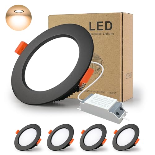 BAGZY Spot Led Encastrable Noir Extra Plat,4 Pack 15W 1200LM = 120W incandescence, IP44, 3000K Blanc Chaud, AC 220-240V,Découpe 140-150mm,Rond plafond encastré Pour salle de bain,Cuisine,Salon,Couloir