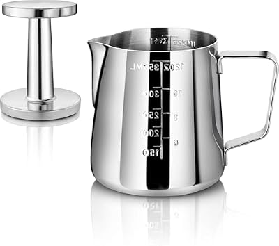 New Star Foodservice 28829 Commercial Grade Stainless Steel 18/8 12-Ounce Frothing Pitcher and Die Cast Aluminum Tamper Combo Set, Silver