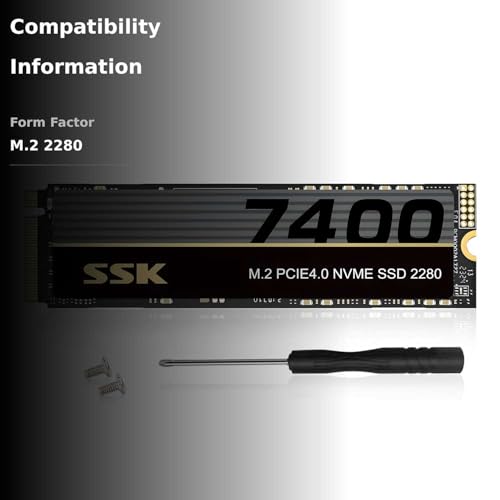 SSK M.2 NVMe SSD 4TB, PCIe Gen 4.0 x4 M.2 2280 SSD Card Up to 7400MB/s, NVMe 2.0 Internal Gaming Solid State Drive Support DRAM-Less Low Power Consumption, Trim, Graphene Heatsink Included