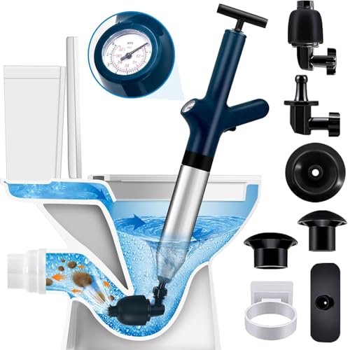 O OLAX 5-in-1 Druckluft Rohrreiniger Set – Abflussreiniger Pumpe mit 304 Edelstahlkörper, Luftdruckanzeige & 8 Aufsätzen – Pömpel WC für Toilette, Waschbecken, Dusche, Küche, Bodenablauf