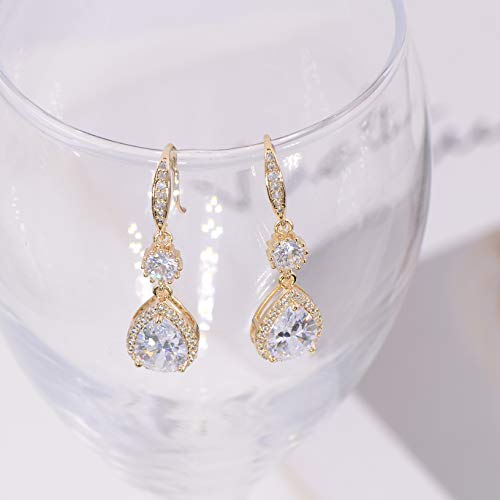 Bridal Jewelry Set For Wedding - 18K Gold Plated Sterling Silver Teardrop Cubic Zirconia Crystal Drop Earrings And Necklace Set For Bride Bridesmaids Mother Of Bride Prom Party #TOP3