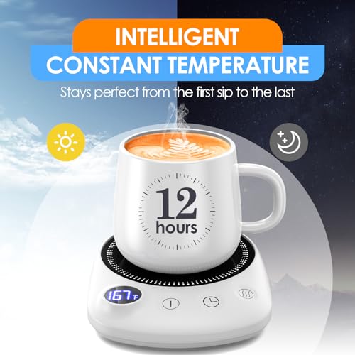 Coffee Mug Warmer - Fastest Heating & Highest Temperature, Coffee Cup Warmer for Desk Auto Shut Off, 4 Temp Settings & 1-12H Timer, Smart Electric Beverage Warmer for Coffee Candle (White)