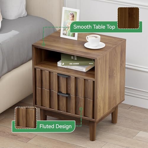 HOCAT Fluted Nightstand Set of 2,Night Stand with Solid Wood Legs,Bedside Table with 2 Storage Drawers and Open Wood Shelf, End Side Table for Bedroom,Walnut — view 4