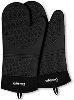 Vou tiger Oven Gloves Heat Resistant Waterproof Kitchen Silicone Mitts Non-Slip for Barbecue, Cooking, Baking (Black)