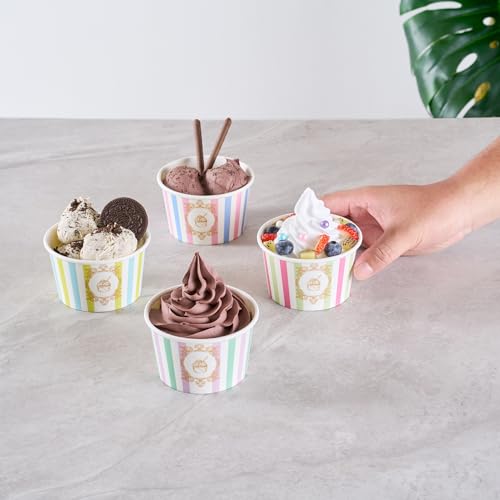 Image of Restaurantware Paper Cups 200 Count 8 Ounce Square Disposable Ice Cream Containers, Leak-Resistant Paper Dessert To Go Cups, Hot And Cold Food, Durable Assorted Stripe Design