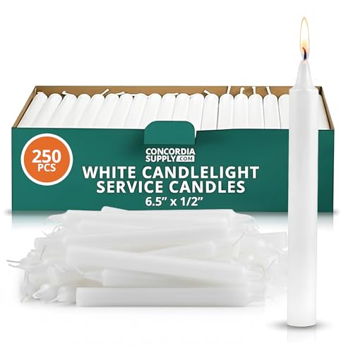 Concordia Supply Church Candles for Candlelight Service Vigil - 6.5\" x 1/2\" Bulk White Candles for Memorial, Congregational, Shabbat, Wedding, Communion, Baptism & Christmas Ceremonies - Box of 250