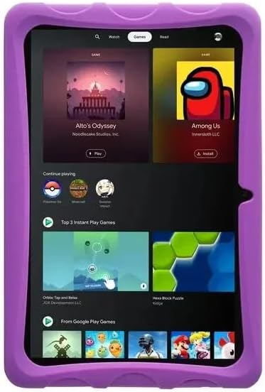 onn. 10.1 inch Kids Android Tablet displaying a games selection interface, including 'Alto's Odyssey' and 'Among Us'.