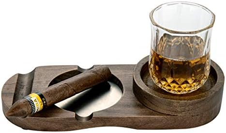 Wooden Cigar Ashtray Wood Solid Cigar Ashtray Whiskey Glass Tray and Cigar Holder, Cigar Slot/Tray, Cigar Whiskey Accessory Set, Great Gift for Men,Great Decor for Home, Office or Bar