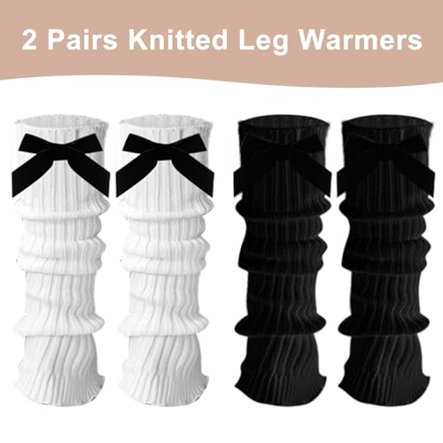 DUOJINSANXI 2 Pairs Leg Warmers for Girls, Cute Black Leg Warmers for Women Winter, Bow Boots Cuffs (white+black) - Thumbnail 3