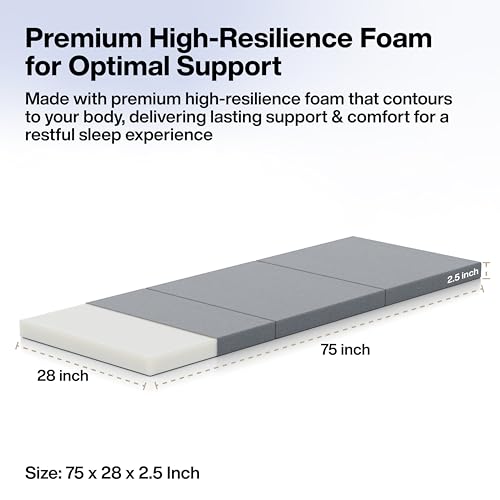 Image of FOVERA Back Pain Relief Foldable Mattress (Single Bed), Premium High Resilience Foam Folding Mattress for Floor Sleeping, Guest & Travel Bed | Portable, Compact & Easy to Store (75 x 28 x 2.5 Inch)