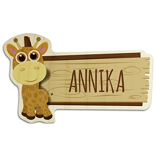 printplanet Türschild aus Holz mit Namen Annika - Motiv Giraffe - Namensschild, Holzschild, Kinderzimmer-Schild