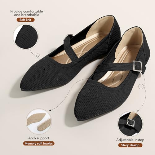 Mary Jane Flats Shoes Women Pointed Toe Ballet Flats Dressy Flats for Women Knit Flats Comfort Breathable Lightweight Washable Flats Shoes3