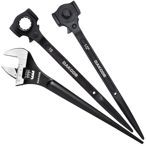 Image of DAKCOS 3pcs Spud Wrench Set, 3 /4 inch x 7 /8 inch Dual Socket Scaffold Wrench, 3 /8 inch x 1 /2 inch Dual Head Ratchet with Hammer Head and 12 inch Spud Spanner