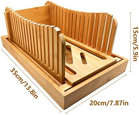 Bamboo Bread Slicer, Foldable Compact Cutting Guide with Crumb Tray, Adjustable Slice Width Bread Slicing Guides with Sturdy Wooden Cutting Board