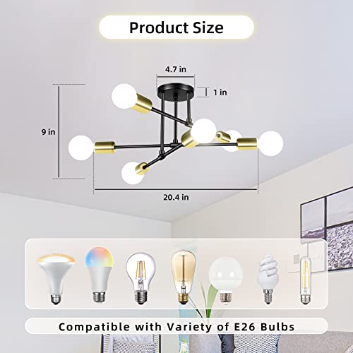 Modern Sputnik Chandelier 6 Light Sputnik Chandelier Black Gold Sputnik Light Fixture Industrial Metal Sputnik Flush Mount Ceiling Light Modern Ceiling Light Fixtures For Bedroom Living Room Kitchen #TOP1