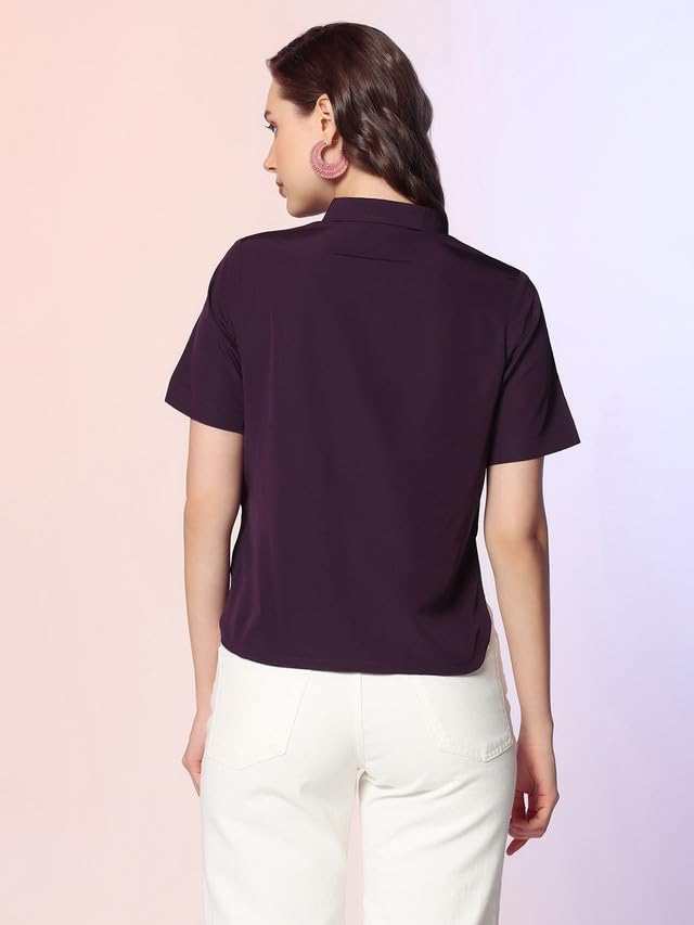 Image of Selvia Women's Regular Fit Short Sleeves Solid Crepe Crop Shirt