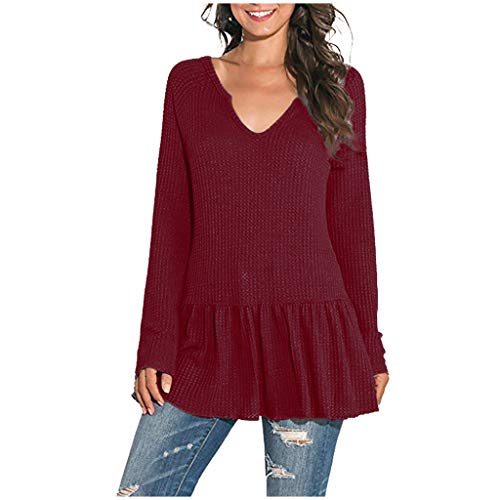 Women Waffle Knit Sweater Tops Long Sleeve V Neck Loose Fit Tunic Tops Pullover with Pleated Hem uBabamama(Wine,XL)
