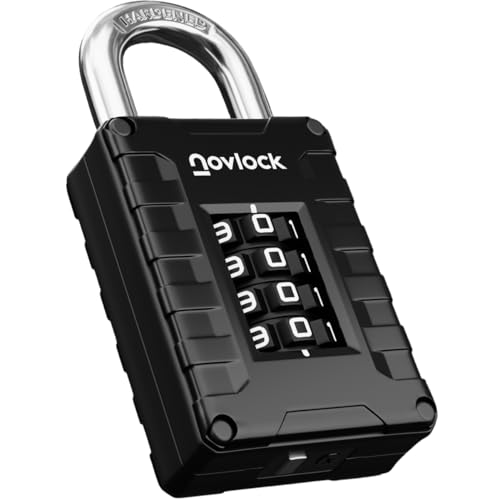NOVLOCK Locker Padlock with 4-Digit Code for Gym, School, Home, Work – Sturdy Combination Lock with Hardened Steel Shackle – 1-Pack, Black