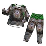 Anantty Kinder Schlafanzug-Set Gorilla Grün Blätter AFFE Pyjama Woman Set, Lang Nachtwäsche Hausanzug Negligee Sleepwear für Jungen Mädchen