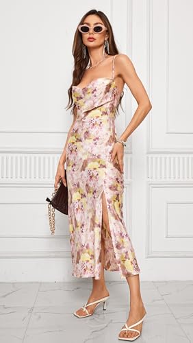 Image of Wedding Guest Dress for Women Spaghetti Strap Satin Slip Dresses | Slit Midi Dress, Cowl Neck, Cocktail, Formal, Evening Party