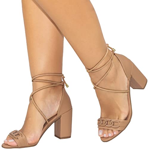 Sandália Amarração Salto Grosso Alto Confortável De AmarrarNude34