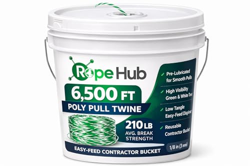 RopeHub Poly Pull Twine in Bucket - 6 500 FT - 210 LB Avg. Break Strength - Easy-Feed Contractor Bucket for Conduit Pulling Cable Pulling & Power Fishing Systems
