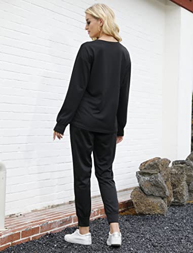 Bofell Womens Two Piece Outfits Soft Long Sleeve Lounge Sets Black Fashion Sweatsuits Sets 2XL
