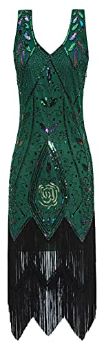 Metme Women's 1920s Flapper Dress Sequins Art Deco Fringed Sleeveless Gatsby Dress Green