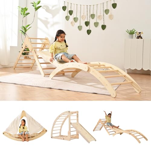 Image of PETKABOO Climbing Toys for Toddlers & Kids, 8-in-1 Pikler Triangle Set, Montessori Wooden Playground with Slide, Rocker & Arch Climber