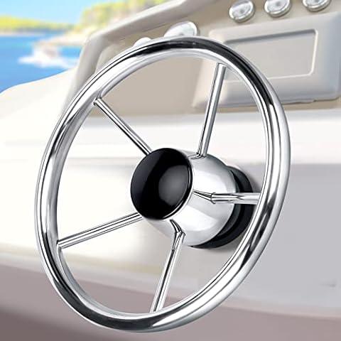 Marinebabay Stainless Boat Steering Wheel, 5-Spoke 11 Inch Destroyer Style Steering For Pontoon Boat Yacht Cover