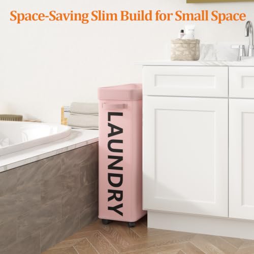 Image of Optish 50L Slim Rolling Laundry Basket with Wheels & Removable Bag, Pink