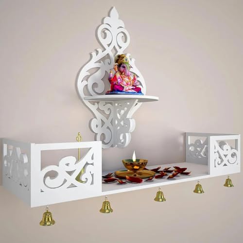 Image of Beautiful Wall Hanging Wooden Temple /Pooja Mandir Design with Shelf, White Color Design - 15