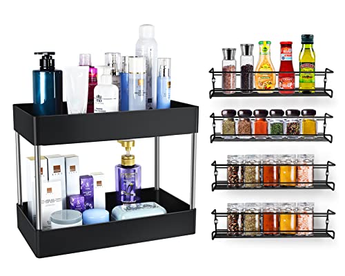 Under Sink Organizer and Storage Spice Rack Set of 5 Hanging Racks for Kitchen Wall Mounts or Bathroom Cabinet, FGSAEOR 2 Tier Under Sink Storage Rack, Space Saving Pantry Organization Storage Shelf
