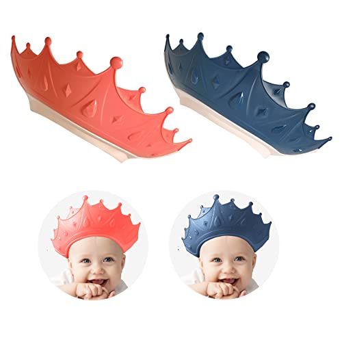 Image of 2PCS Crown Baby Shower Cap, Adjustable Baby Hair Washing Guard Bath Shield Visor Hat Eyes and Ears Head Protection Bath Shampoo Hat Waterproof Soft Silicone Shower Cap for Kids Toddler Red+Blue
