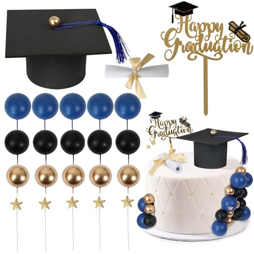 Acmee Graduation Cake Toppers - Graduations Cap Diploma Balls Congrats Grad Cake Decorations for 2025 High School College Senior Graduation Supplies (Black Black Gold)