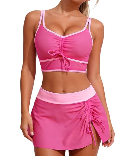 EOAMGO Women’s Bikini Set with Drawstring Swim Skirt, Two Piece High Waisted Swimsuit, Scoop Neck Wide Strap Top with Ruched Front Tie (UK, Alpha, L, Regular, Regular, Pink)