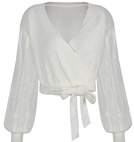 Doufine — Blusa feminina de manga comprida com cintura franzida para outono e inverno, Branco, Mediu