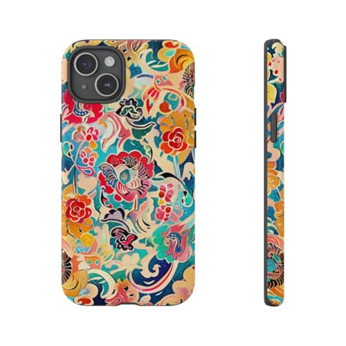 Coque rigide brillante iPhone 15 Plus bleu au design floral artistique