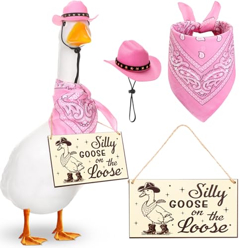 Silicherry Funny Porch Goose Decoration Set Silly Goose on The Loose Hangings Sign Cowboy with Outfit Cowboy Hat and Bandana for 23" Cement/Plastic Outdoor Statue Patio Yard Lawn Art(Pink)