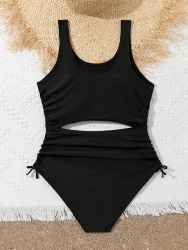 OYOANGLE Girl's Cut Out Drawstring Side One Piece Swimsuit Sleeveless Scoop Neck Bathing Suit Swimwear2