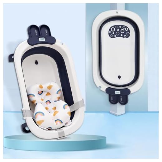 INFANTSO Baby Bath Tub for 0-3 Years | Foldable Bathtub for Baby, Newborn Baby Folding Bath Tub, Kids Bathing Tub, Mini Swimming Pool with Cushion, Drain Plug, Portable Bathtub for Boy & Girl