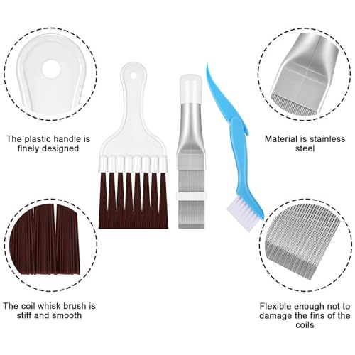 MagiSel Klimaanlage Reinigungswerkzeug, 3 Stück Metall Bürsten, Reinigung für Klimaanlage, Kühlgerät, Lamellen, Spiralen, Verdampfer, Kondensator, Weiß, Nylon oder Kunststoff Borsten