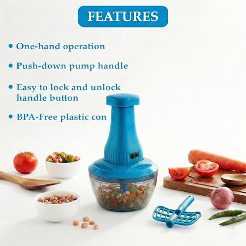 Image of Chopper for Kitchen Use | 650 ml Round Push Chopper with 3 Blades and Whisker | Chopping Vegetables & Fruits, Onion, Ginger, Garlic, Salad, Tomato, Potato (Blue)