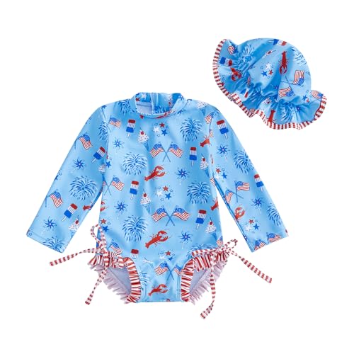 KMBANGI Baby Girls 4th of July Swimsuits Kids Rash Guard Crawfish Flag One Piece Bathing Suit Popsicle Swimwear with Hat (Blue, 6-12 Months)